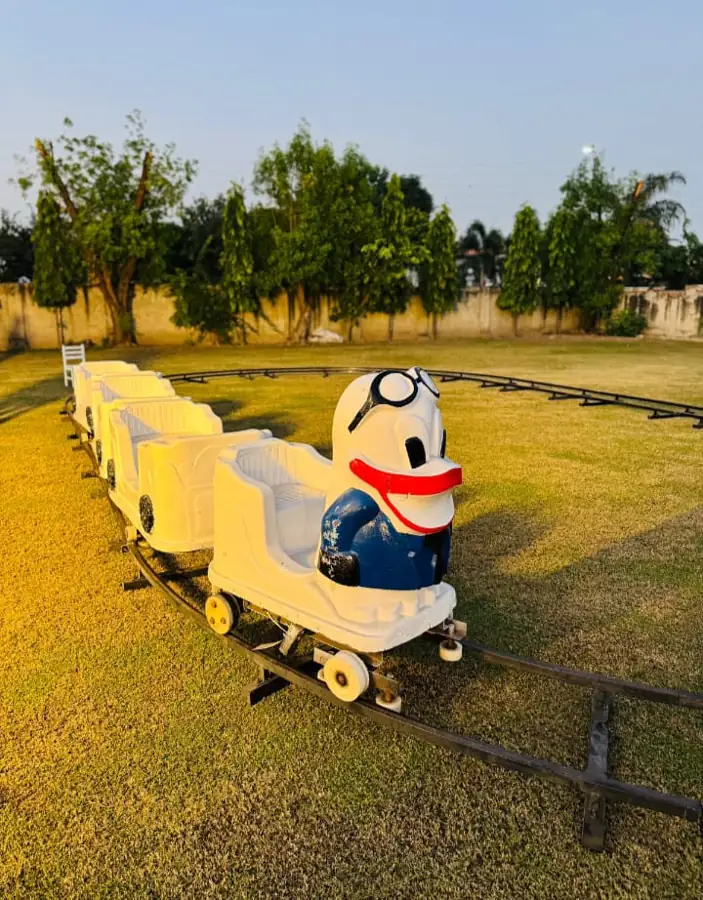 Small white mini train with a penguin front on a track on a lawn