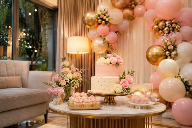 Birthday table setup with pastel pink and gold balloon garland and a tiered cake